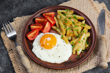 Homemade morning breakfast with fried egg, crispy potato and fresh tomatoes