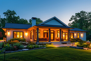 Modern Farmhouse at Dusk with Glowing Porch and Garden Lights