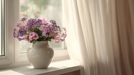 Elegant white vase filled with pink and purple flowers placed on windowsill with curtains