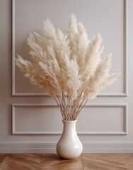 Elegant white vase filled with fluffy pampas grass arranged in a stylish interior