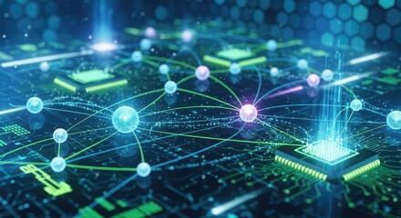 Dynamic neural network with glowing connections and processors for AI development and machine learning applications, representing advanced technology and innovation