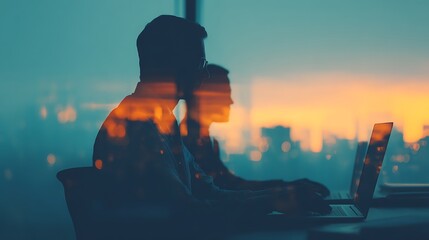 A silhouette of two individuals working on laptops, with a city skyline and sunset reflection, creating a serene and focused atmosphere.