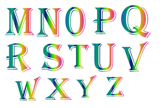 Colorful alphabet letters m through z with artistic gradient effect