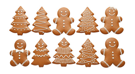 Collection of gingerbread man and christmas tree cookies isolated on transparent background