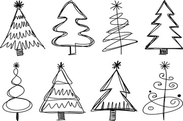 Hand-Drawn Christmas Tree Doodle Vector Set - Scribble and Sketch Outline Icons - Artistic Holiday Line Art