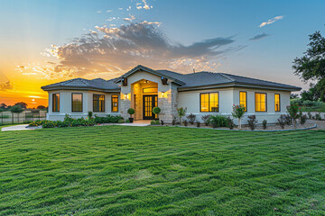 Warm Morning Light on Contemporary Home Surrounded by Fresh Green Grass