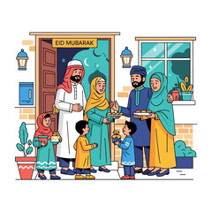 Happy muslim family celebrating eid mubarak together at home with traditional clothing and sweets, expressing joy and togetherness during the festive occasion.