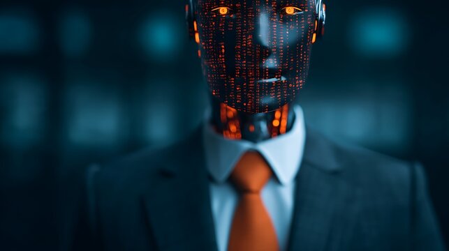 A futuristic humanoid robot in a suit, displaying glowing binary code patterns, symbolizing the intersection of technology and humanity.