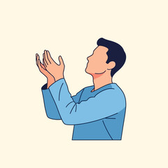 Man praying with hands raised towards the sky in peaceful contemplation, seeking guidance and blessings in a moment of spiritual connection.