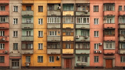 Obraz premium Urban soviet-era apartment facade in grayscale. AI image