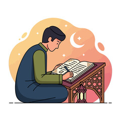 Muslim man reading the quran on a rehal during ramadan night with a lantern and crescent moon in a peaceful and spiritual atmosphere.