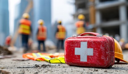 Emergency Medical Kit with First Aid Supplies on Construction Site Ground