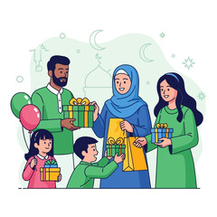 Happy muslim family exchanging gifts during eid alfitr celebration at home, creating a warm and festive atmosphere full of joy and togetherness.