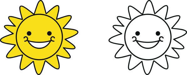 Cartoon sun character illustration set, colorful and outline versions with smiling face and triangular rays, weather theme, vector clipart, design asset