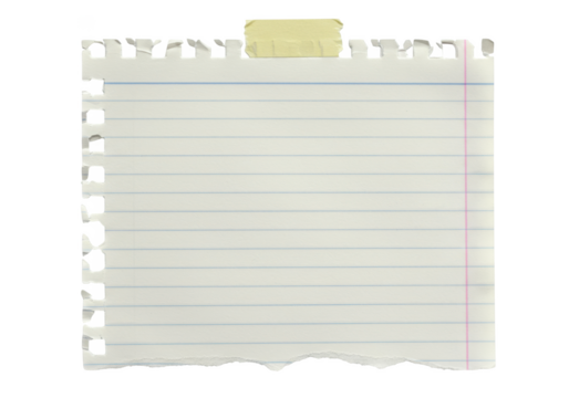 A piece of lined notebook paper with torn bottom and top edges on transparent background