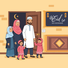 Muslim family visiting relatives during Eid celebration at home with traditional clothing and festive atmosphere.