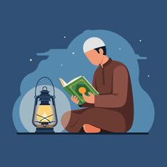 Muslim man reading the quran by lantern light in quiet contemplation on a peaceful night, showcasing faith and devotion.