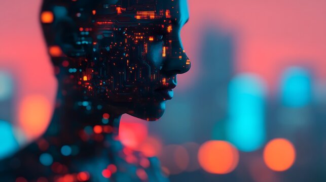 A futuristic silhouette of a humanoid figure with a circuit-like design, set against a vibrant, blurred urban background.