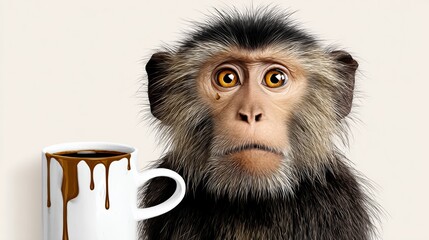 Monkey is sitting in front of a cup of coffee, looking at the camera. Concept of curiosity and playfulness, as the monkey seems to be interested in the coffee cup