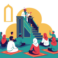 Imam delivering sermon from minbar in mosque, with congregation listening attentively during friday prayer, creating a spiritual and communal atmosphere.
