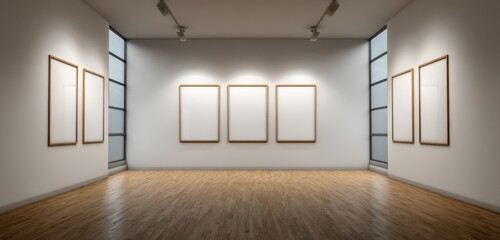 Empty Art Gallery with White Walls and Wooden Floor in Modern Exhibition Space