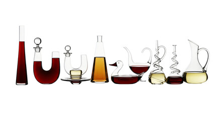 Collection of various glass decanters and carafes filled with red and yellow liquids, isolated on transparent background