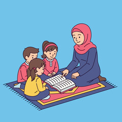 Muslim teacher reading book to children on rug in classroom, fostering education and cultural understanding in a colorful and engaging setting.