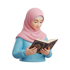 Muslim woman in hijab reading the quran in a quiet room, focused on the holy book, creating a serene and spiritual atmosphere.