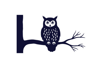 One color silhouette of an owl perched on a tree branch
