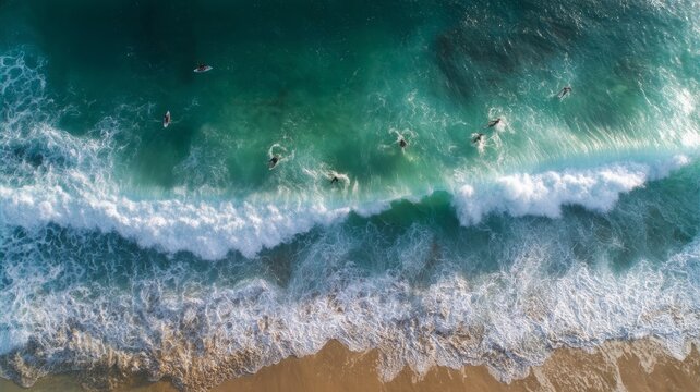 Aerial view of surfers riding green ocean waves. AI image