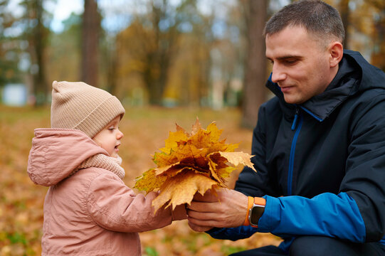 father and child enjoying autumn park, bonding over vibrant fall leaves. smiling toddler in cozy jacket and beanie shares colorful foliage with dad. family outdoor activity, nature connection - Powered by Adobe
