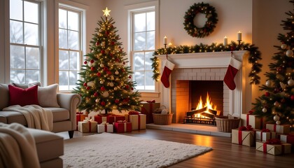 Salon d'une maison d&eacute;cor&eacute;e pour noel