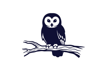 One color silhouette of an owl perched on a tree branch vector illustration