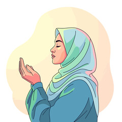 Muslim woman praying with hands raised towards the sky in peaceful contemplation, seeking guidance and blessings during a moment of spiritual connection.