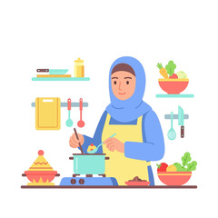 Smiling muslim woman cooking traditional meal in modern kitchen preparing delicious food with love and care in bright and cheerful atmosphere.