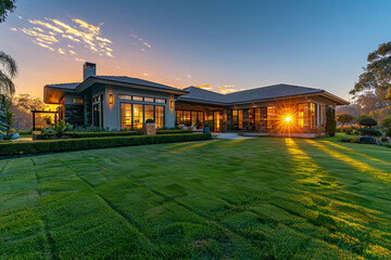 At sunrise, a newly built home with lush green lawns and a clear blue sky is captured in stunning detail, offering a warm and welcoming appeal.