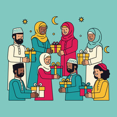 Diverse group of muslim people exchanging gifts during eid alfitr celebration with crescent moons and stars in the sky, showcasing the spirit of giving and togetherness.