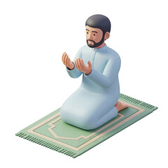 Muslim man kneeling and praying on prayer rug with hands raised in supplication, seeking spiritual connection and divine guidance in peaceful devotion.