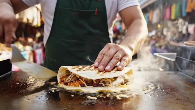 A chef prepares a delicious taco, cooking it on a hot griddle with steam rising.