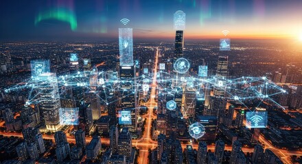 Experience the future of smart city technology with connected devices and high-speed internet access across a vibrant urban cityscape at dusk with stunning aurora