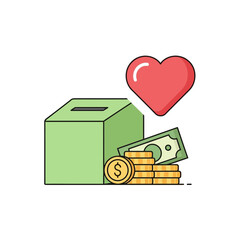 Donation box with heart symbol and stack of coins and dollar bills represents charity and giving in a simple and meaningful way, conveying generosity and support.