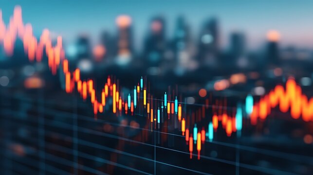 A vibrant stock market graph overlays a blurred city skyline, depicting fluctuating financial trends and market activity in an urban setting.