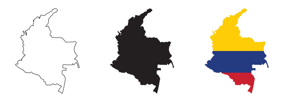 Colombia map vector set with editable country outline black silhouette and national flag design featuring yellow blue and red horizontal stripes isolated on white background for geography
