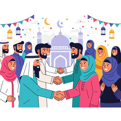 Group of muslim people celebrating eid aladha by shaking hands in front of mosque with festive decorations, expressing joy and unity.