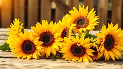 Fototapeta premium Sunflowers resting on weathered wood, bathed in warm golden sunlight with a softly blurred background.