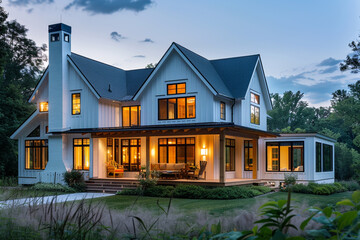 Twilight View of Modern Luxury Farmhouse with Pristine White Walls and Garden