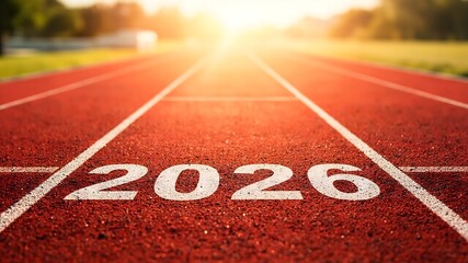 2026 New Year Success Concept: Red Athletic Running Track with Sun Flare, Perspective View to the Horizon, symbolizing Goal Setting, Future Vision, Achievement, and a Fresh Start