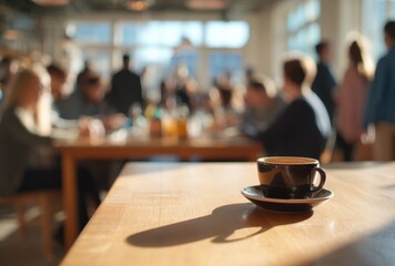 Empty coffee cup on a wooden table in a busy modern cafe with blurred customers