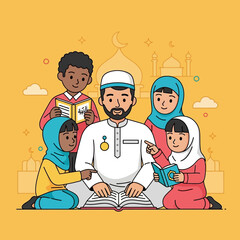 Muslim teacher reading quran with diverse children in mosque during ramadan, fostering learning and community spirit in a warm and inviting atmosphere.