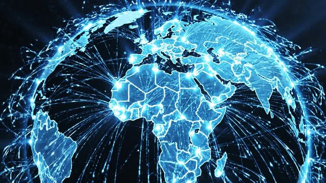 Digital globe representation showcasing vibrant blue lines of connectivity across continents, emphasizing global technology, data flow, and communication networks in unified world